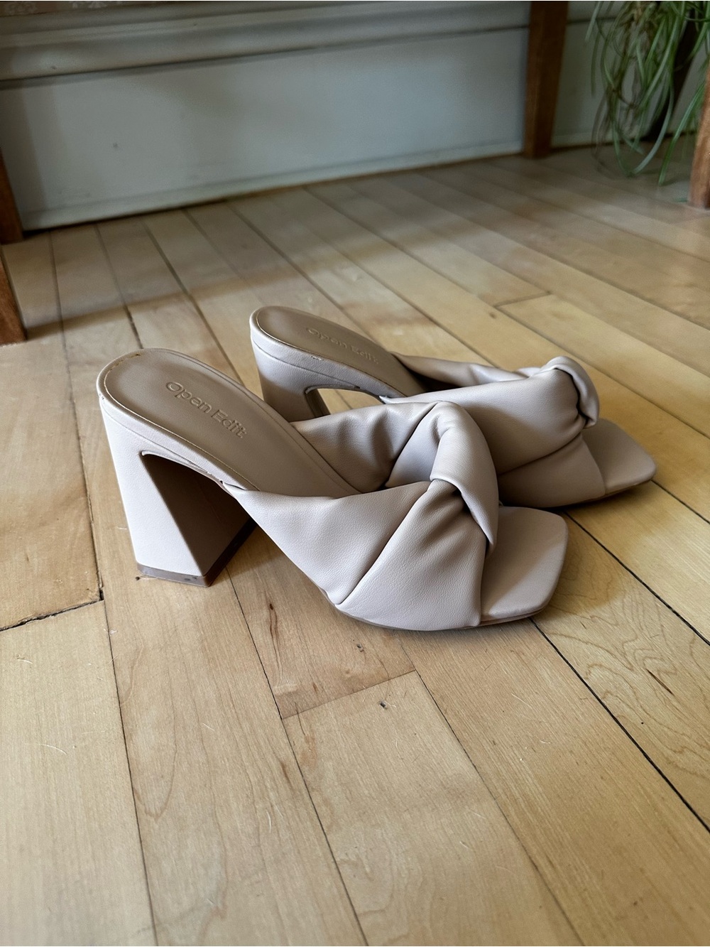 Open Edit Beige Twisted Knot Block Heel Mules